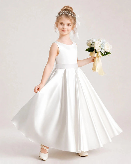 Elegant A-Line Round Neck Sleeveless V-Back Bow Maxi Flower Girl Dress