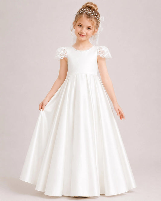 Elegant A-Line Round Neck Lace Sleeves V-Back Floor-Length Flower Girl Dress