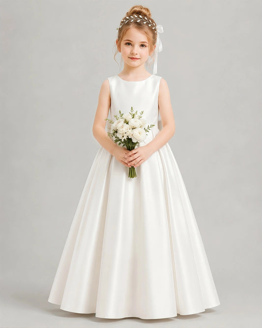 Elegant A-Line Round Neck Sleeveless Bow Back Floor-Length Flower Girl Dress