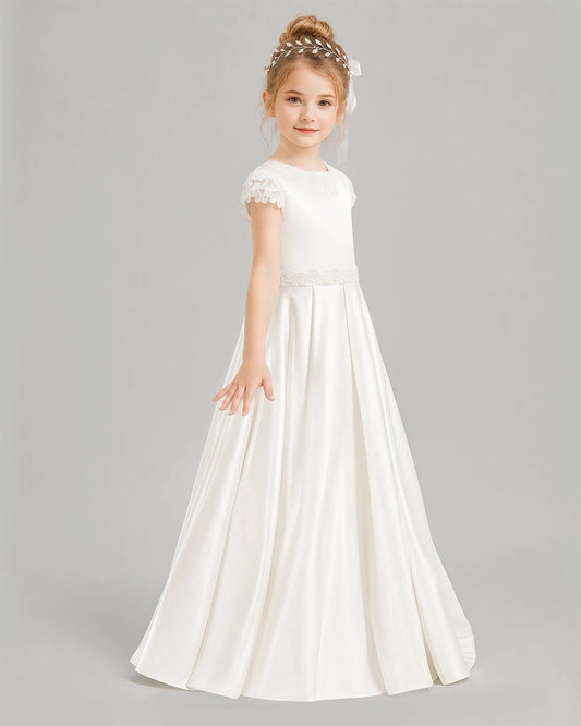 Elegant A-Line Round Neck Lace Sleeves Closed Back Floor-Length Communion Dress