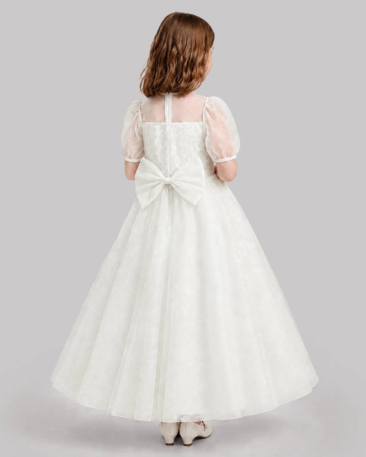 Sparkling A-Line Round Neck Puff Sleeve Bow Back Long Flower Girl Dress