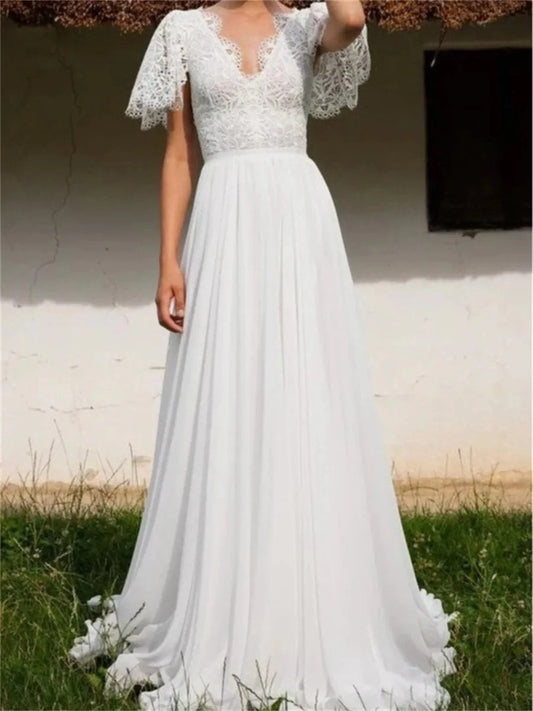 Romantic A Line V Neck Flutter Sleeve Classic Back Maxi Wedding Dress