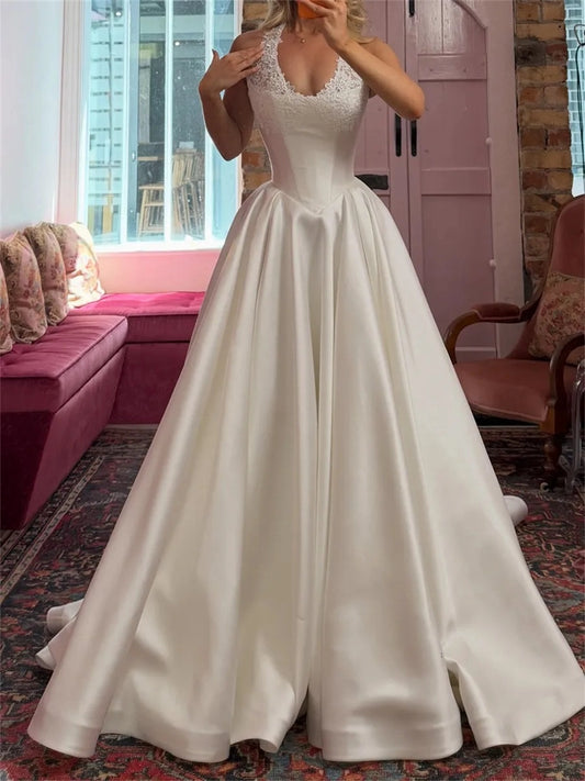 Elegant Ball Gown V Neck Sleeveless Classic Back Floor Length Wedding Dress