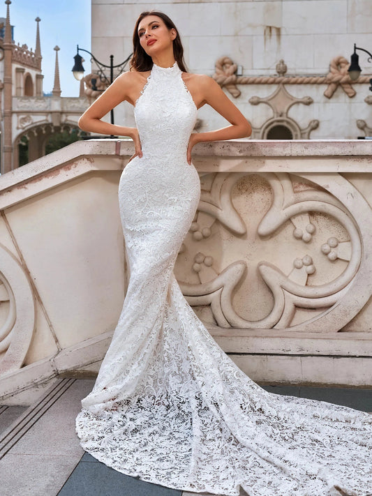 Elegant Mermaid High Neck Sleeveless Low Back Floor Length Wedding Dress