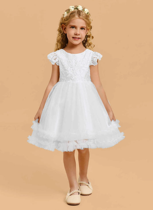 Elegant A Line Round Neck Cap Sleeve V Back Knee Length First Communion Dress