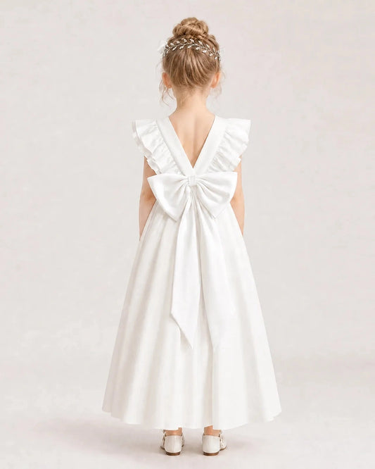 Elegant A-Line Round Neck Ruffle Sleeve Bow Back Maxi Flower Girl Dress