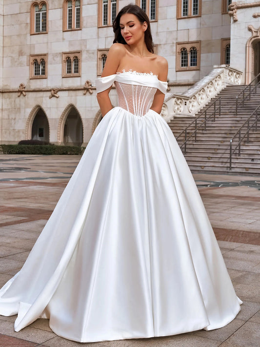 Elegant Ball Gown Off Shoulder Short Sleeve Lace Up Floor Length Wedding Dress