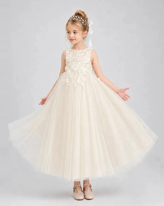 Elegant A-Line Round Neck Sleeveless Keyhole Back Long Flower Girl Dress