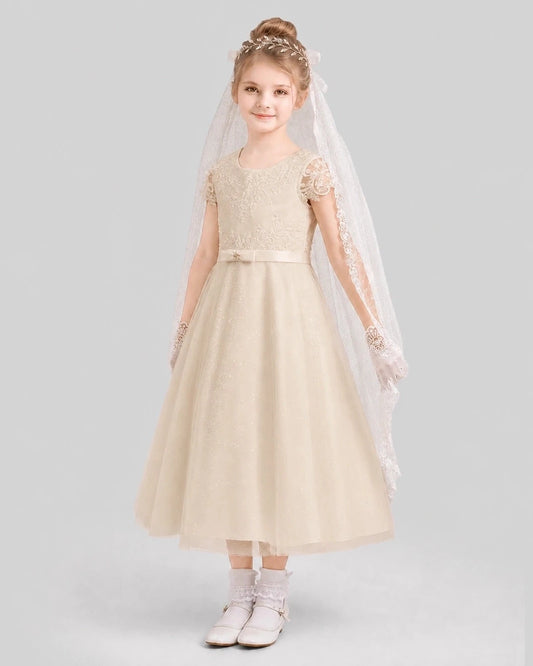 Elegant A-Line Round Neck Short Sleeve Bow Back Ankle-Length Communion Dress