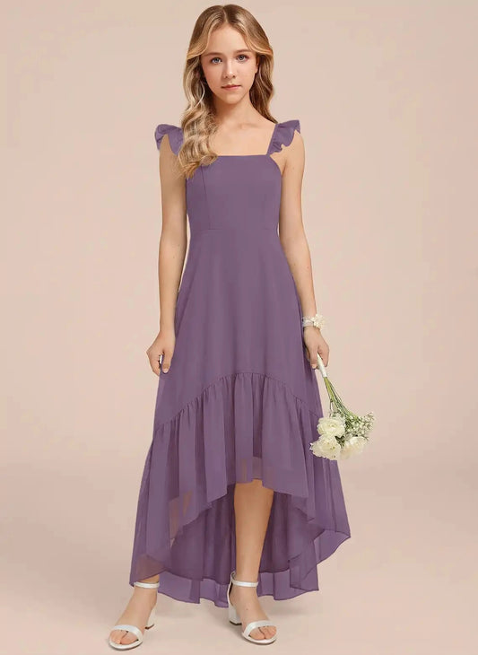 Flowy A-Line Square Neck Ruffle Strap Adjustable Back Hi-Lo Junior Bridesmaid Dress
