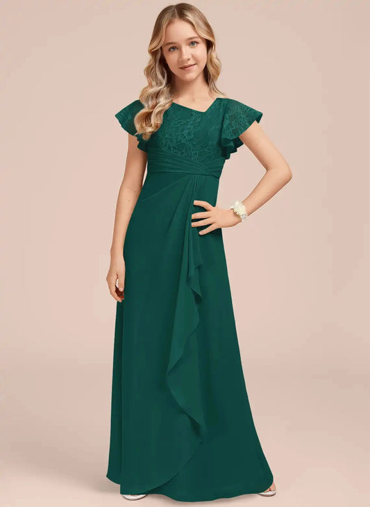 Elegant A Line V Neck Flutter Sleeve Zipper Back Floor Length First Communion Dress