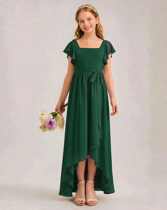 Elegant A Line Square Neck Flutter Sleeve V Back High Low Flower Girl Dress