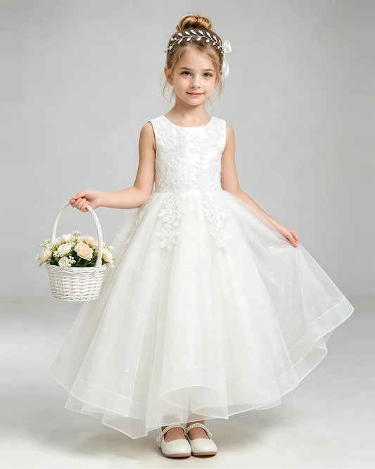 Elegant A-Line Round Neck Sleeveless Bow Back Long Flower Girl Dress