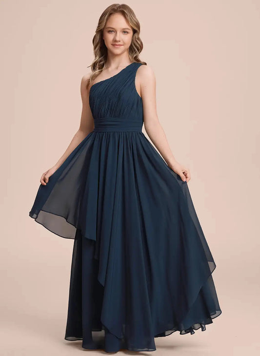 Elegant A Line One Shoulder Sleeveless Plain Back Long Junior Bridesmaid Dress