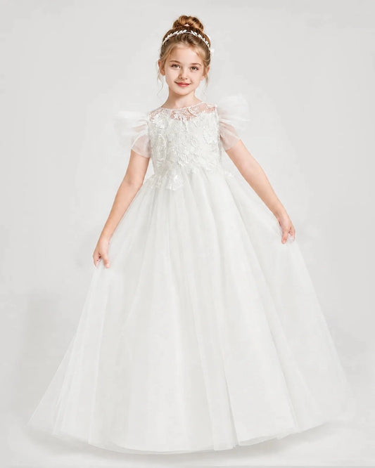 Elegant A-Line Illusion Neck Flutter Sleeve Button Back Floor-Length Flower Girl Dress