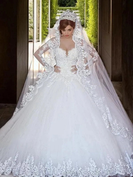 Luxurious Ball Gown Sweetheart Long Sleeve Illusion Back Wedding Dress