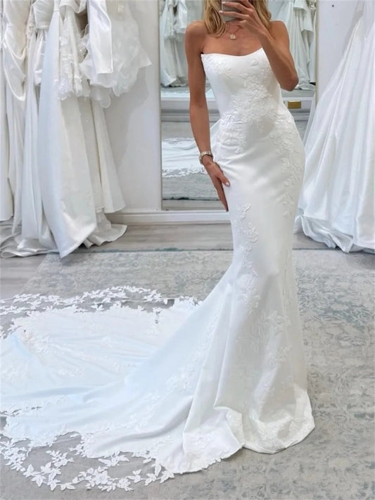 Romantic Mermaid Straight Neck Sleeveless Low Back Cathedral Wedding Dress