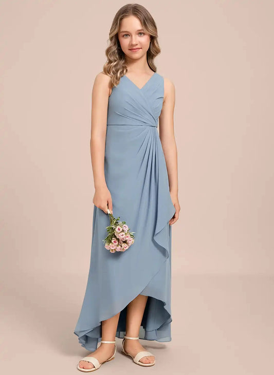 Elegant A-Line V-Neck Sleeveless V-Back Hi-Lo Junior Bridesmaid Dress