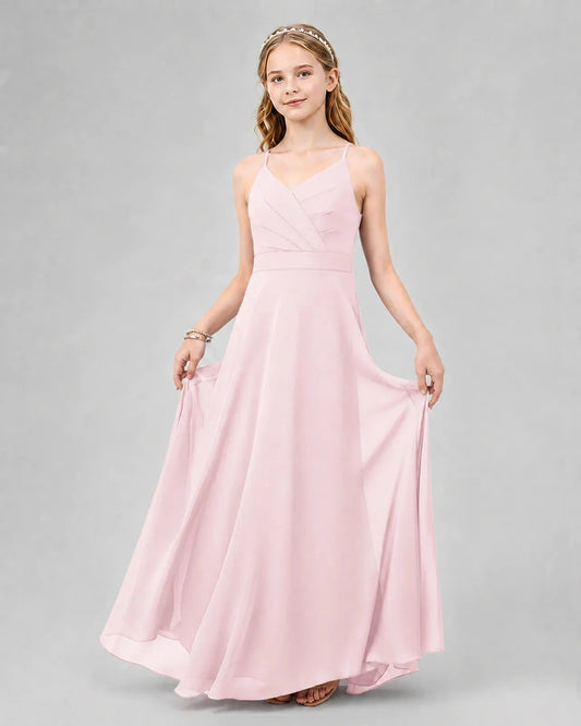 Elegant A-Line V-Neck Sleeveless Tie-Back Floor-Length Flower Girl Dress