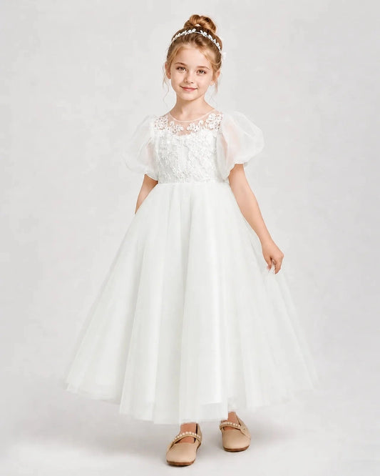Elegant A-Line Round Neck Puff Sleeve Bow Back Ankle-Length Flower Girl Dress