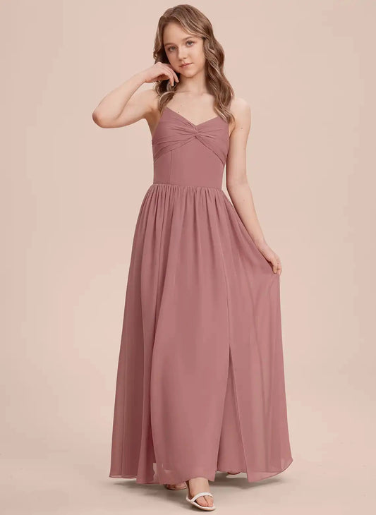 Elegant A-Line V-Neck Spaghetti Strap Bow Back Slit Junior Bridesmaid Dress