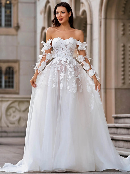 Romantic A-Line Sweetheart Off-Shoulder Lace-Up Floor-Length Wedding Dress