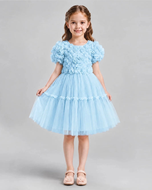 Elegant A-Line Round Neck Puff Sleeve Bow Back Knee-Length Flower Girl Dress