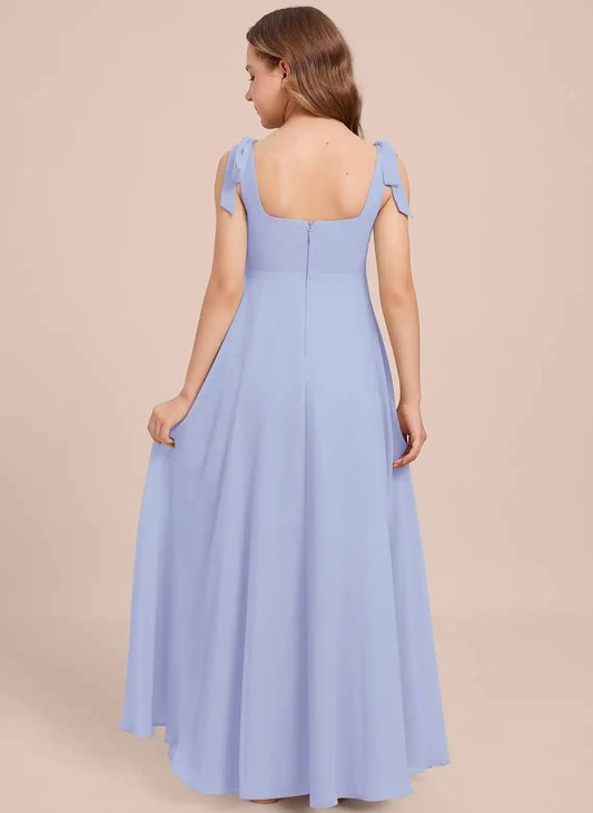 Flowy A-Line Square Neck Tie Strap Square Back Maxi Junior Bridesmaid Dress