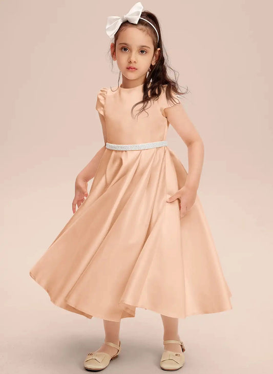 Satin A-line Round Neck Cap Sleeve Zipper Back Midi First Communion Dress