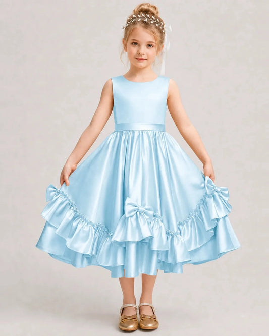 Elegant A-Line Round Neck Sleeveless V-Back Midi Flower Girl Dress
