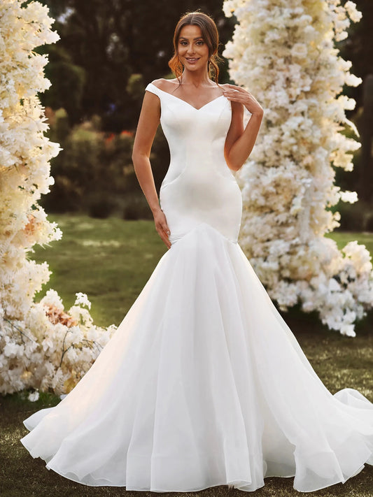 Elegant Mermaid V Neck Sleeveless V Back Floor Length Wedding Dress
