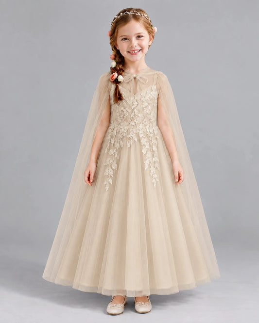 Elegant A-Line Round Neck Cape Sleeves Illusion Back Floor-Length Flower Girl Dress