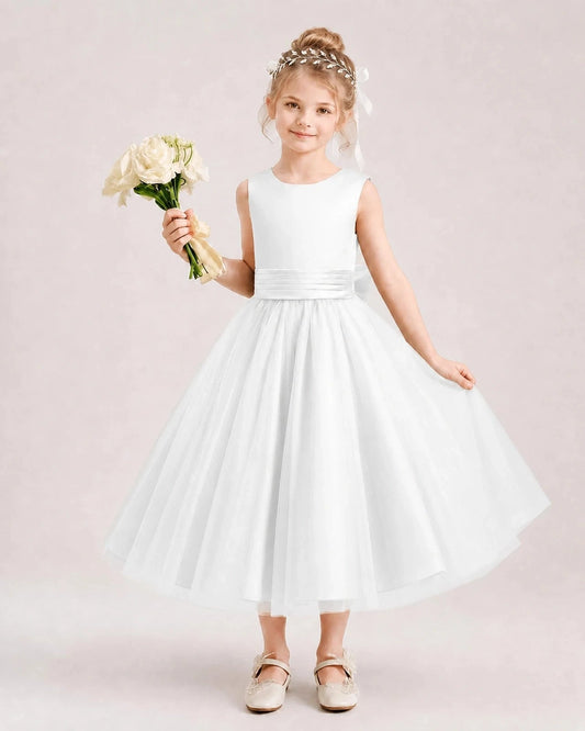 Elegant A-Line Round Neck Sleeveless Bow Back Tea-Length Flower Girl Dress