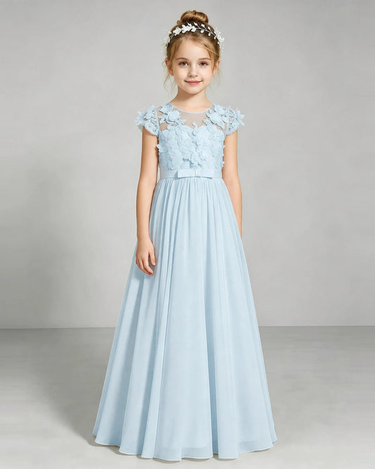 Elegant A Line Round Neck Cap Sleeve Button Back Floor Length Flower Girl Dress