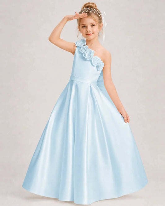 Elegant A-Line One-Shoulder Sleeveless Bow-Back Floor-Length Flower Girl Dress