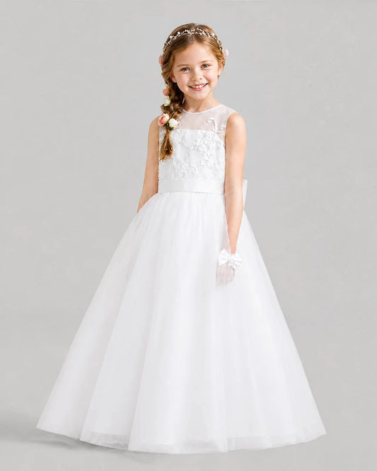 Elegant A-Line Round Neck Sleeveless Classic Back Floor Length Flower Girl Dress