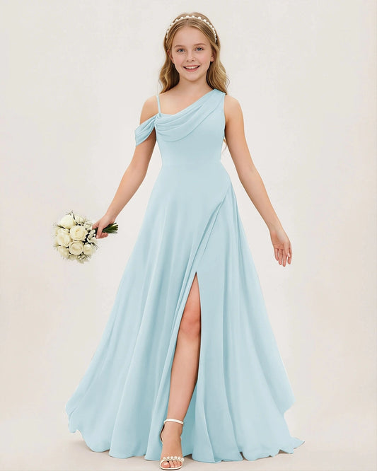 Elegant A-Line One-Shoulder Sleeveless Zipper-Back Floor-Length Junior Bridesmaid Dress