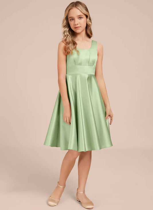 Satin A Line Square Neck Sleeveless Deep V Back Knee Length Flower Girl Dress