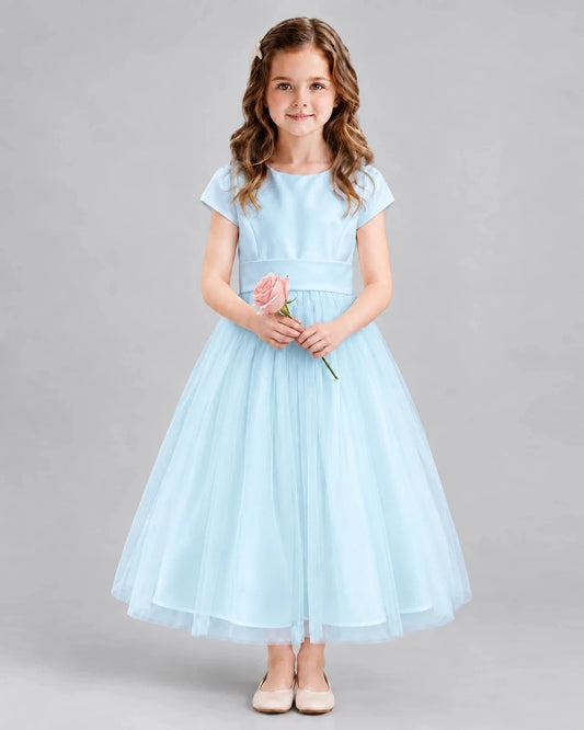 Elegant A-Line Round Neck Short Sleeve Bow Back Ankle-Length Flower Girl Dress
