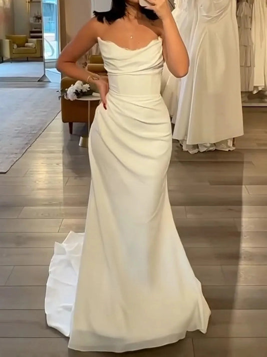Elegant Sheath Cowl Neck Sleeveless Minimal Back Floor Length Wedding Dress
