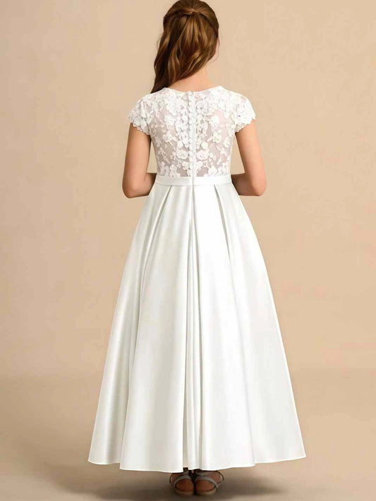 Elegant A Line Round Neck Cap Sleeve Lace Back Floor Length Flower Girl Dress