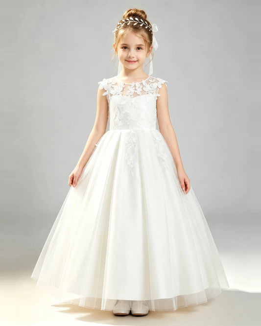 Elegant A Line Round Neck Sleeveless V Back Long Flower Girl Dress
