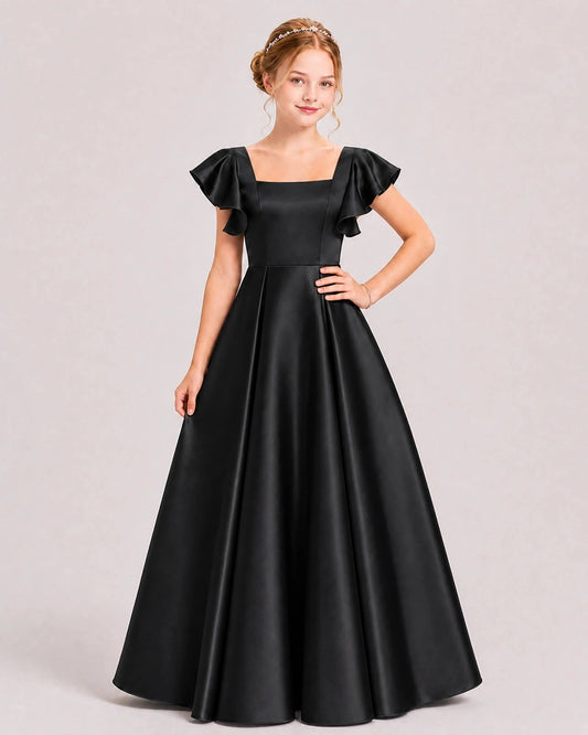 Elegant A Line Square Neck Flutter Sleeve Square Back Floor Length Dress