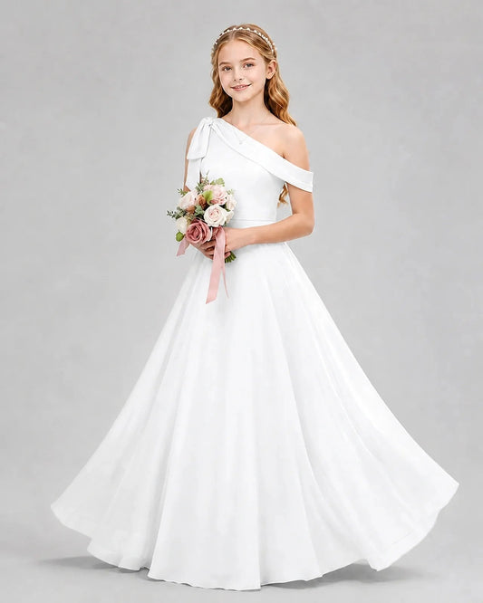 Elegant A Line One Shoulder Sleeveless Bow Back Floor Length Wedding Dress