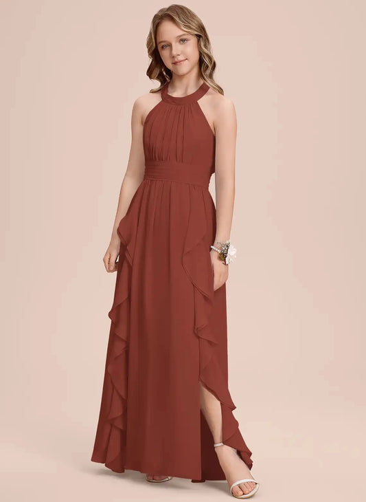 Elegant A-Line Halter Sleeveless Tie Back Floor Length Junior Bridesmaid Dress