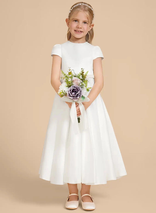 Satin A-line Round Neck Cap Sleeve Zipper Back Midi First Communion Dress