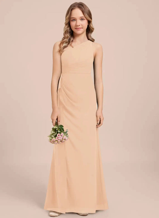 Elegant Sheath One Shoulder Sleeveless Crisscross Back Floor Length Junior Bridesmaid Dress