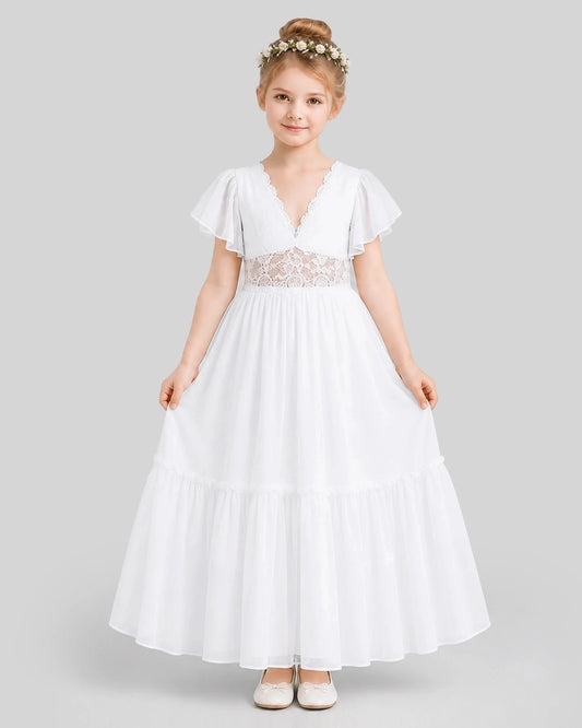 Elegant A-Line V-Neck Flutter Sleeve Keyhole Back Maxi Flower Girl Dress
