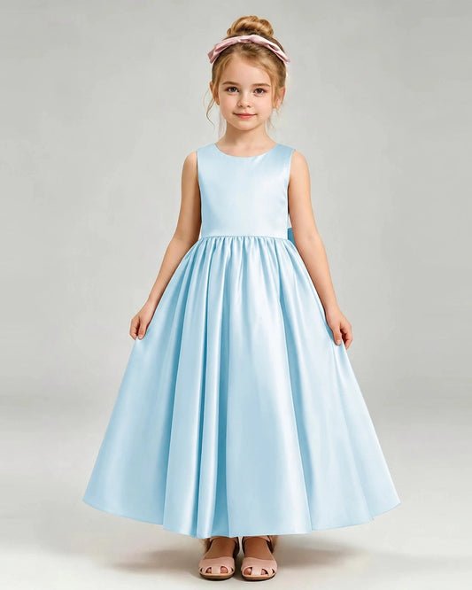 Elegant A-Line Round Neck Sleeveless Bow Back Long Flower Girl Dress