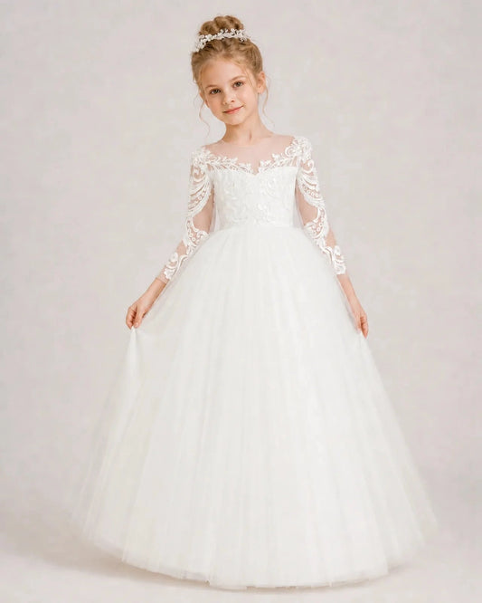 Elegant A-Line Illusion Neck 3/4 Sleeve Bow Back Floor-Length Flower Girl Dress